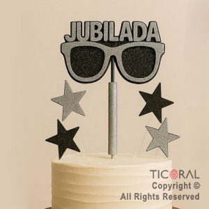 ADORNO DE TORTA SET JUBILADA CON 4 ESTRELLAS Y BENGALA GIBRE PLATA x 1